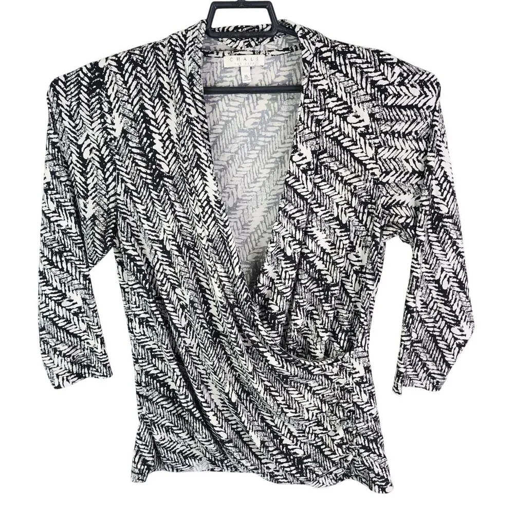 Womens Chaus New York Black & White Top Blouse V-Neck Stretch 3/4 Sleeve Size XL